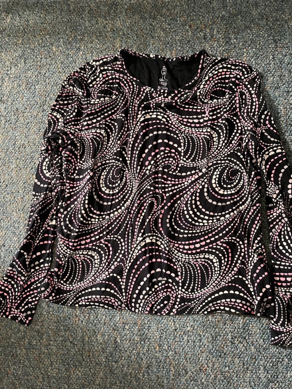 Izod Black Long Sleeve Top with Pink and White Dot Swirl